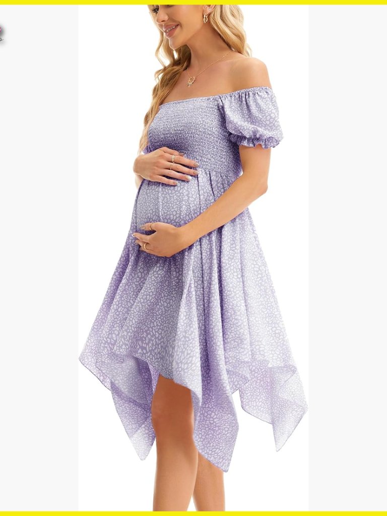 Maternity Floral Dress Puff Sleeve Square Neck Bohemian Summer Baby Shower